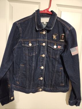 Kendall & Kylie Dark Blue Denim Jacket with Patches and Flag Sleeve